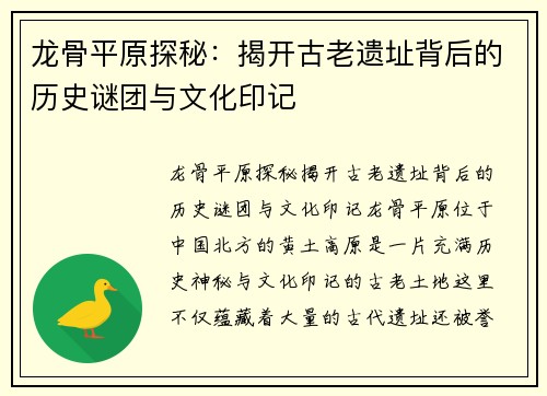 龙骨平原探秘：揭开古老遗址背后的历史谜团与文化印记